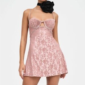 $249 NWT Pink For Love And Lemons “Shai” Rhinestone Mini Dress Sz Medium